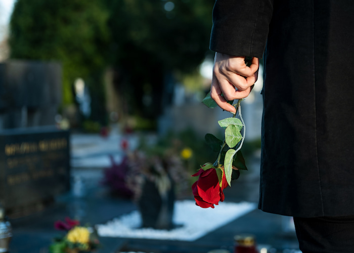 Single man holding red rose by bottom of stem facing grave stones